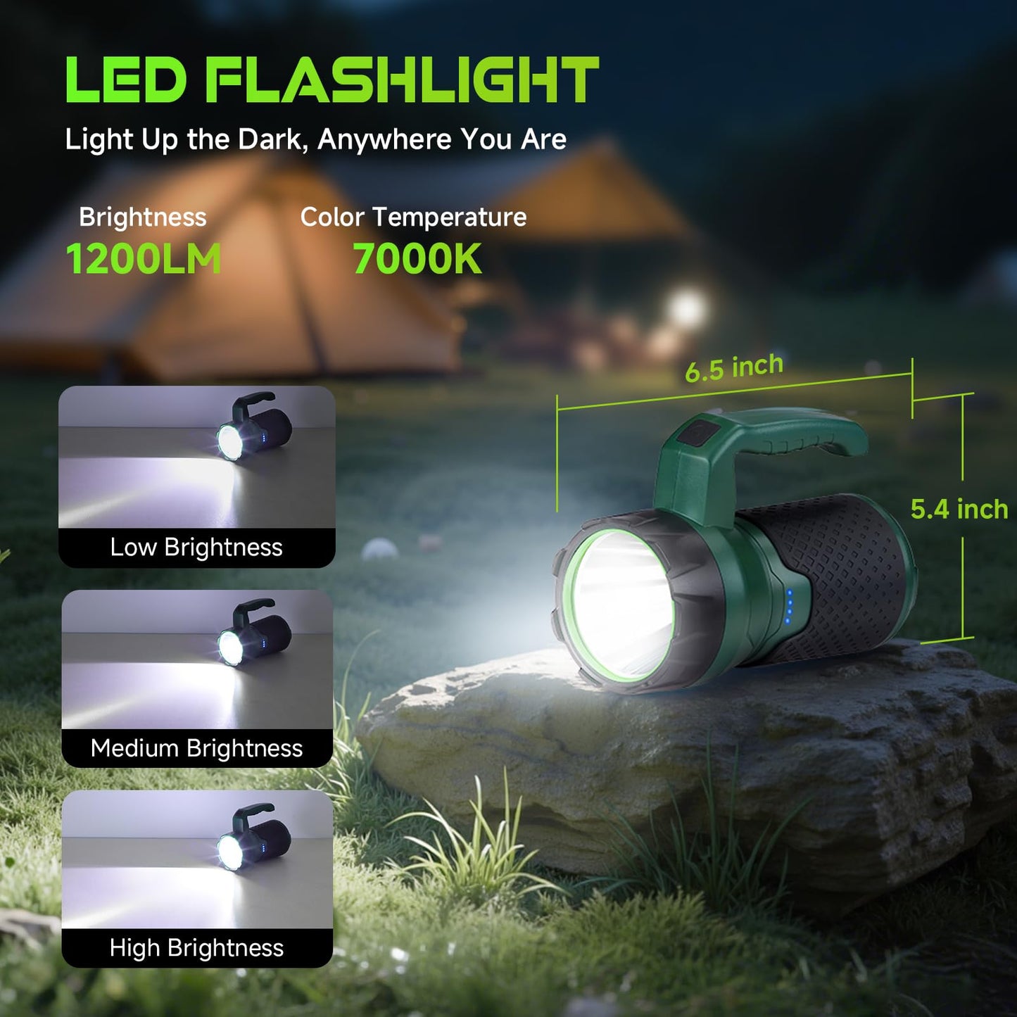 BOBKID 4 in 1 Modular Camping Lantern, LED Flashlight & Fan, 4400mAh Power Bank, IPX4 Waterproof, Green, Model WTC1003