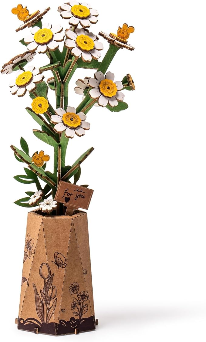 3D Flower Wooden Puzzles for Adults-Chamomile, DIY Wooden Flowers Model Kit Building Set Crafts for Adults to Build, Botanical Collection/Ideal Creative Gift Ideas/Housewarming (101PCS)