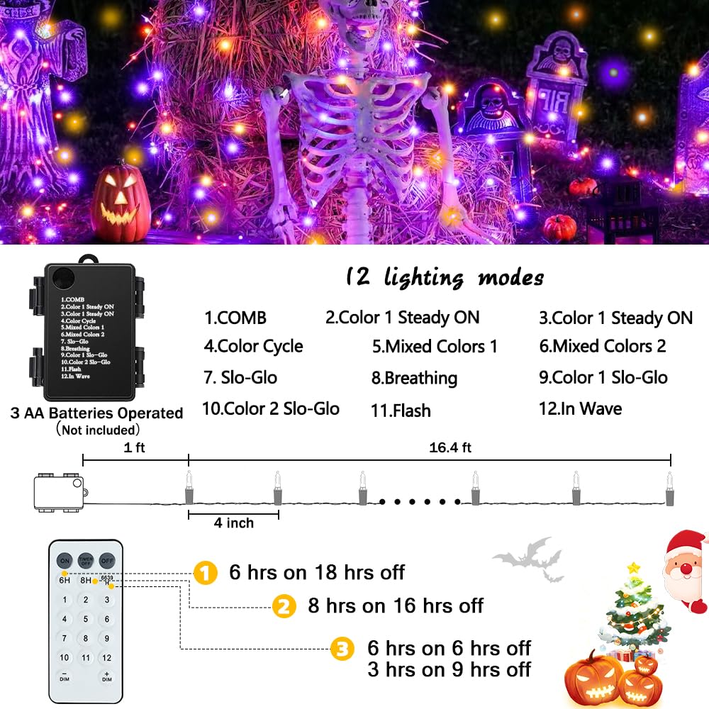 KOUQIYA Battery Halloween Lights 50 LED Mini String Lights 17ft Waterproof, Dual Color Changing, Orange Purple & Warm White, 2 Pack
