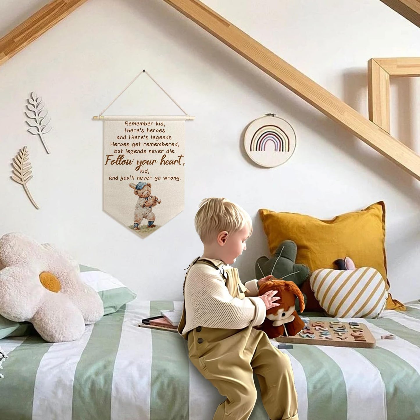ArtisaEura Bear Nursery Inspirational Wall Canvas Banners, Baseball Bear Nursery Decor, Positive Affirmations Hanging Display Pennant Banner Flags, Baseball Wall Decor for Kids Room Bedroom Playroom