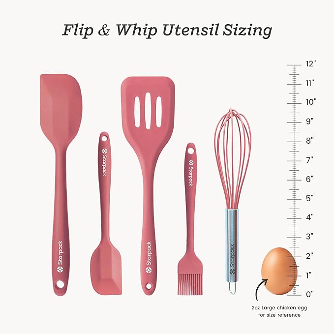 Starpack 'Flip & Whip' Premium Silicone Baking Utensils Set (5 Pcs) - 10" Pink Cooking Utensils with Large and Small Spatulas, Whisk and Basting Brush - Heat Resistant to 600°F - Baking Tool Set