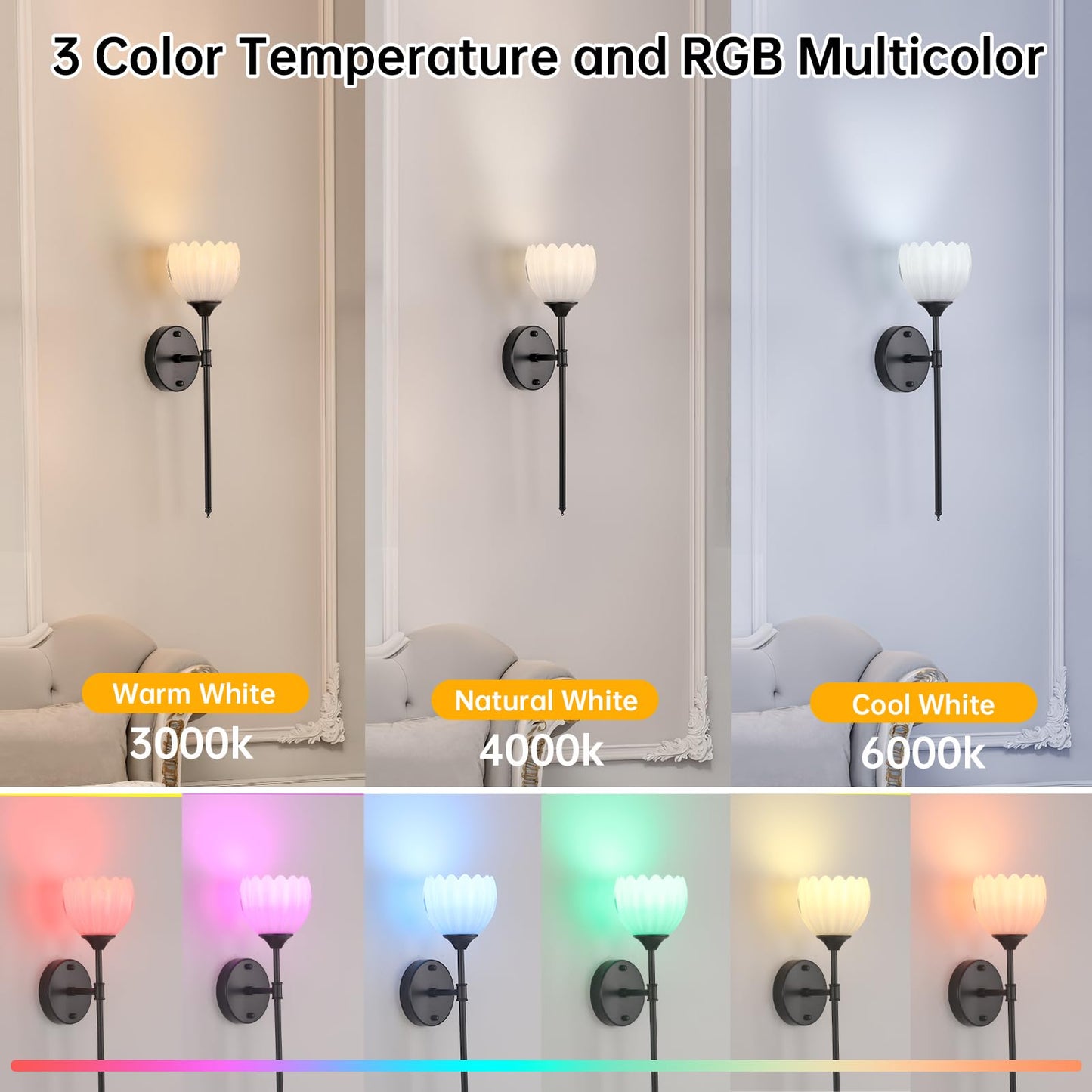 Shenmoyl Battery Operated Wall Sconce Set of 2, Vintage Glass Light Fixture, Rechargeable, Tulip White-Sceptre Black