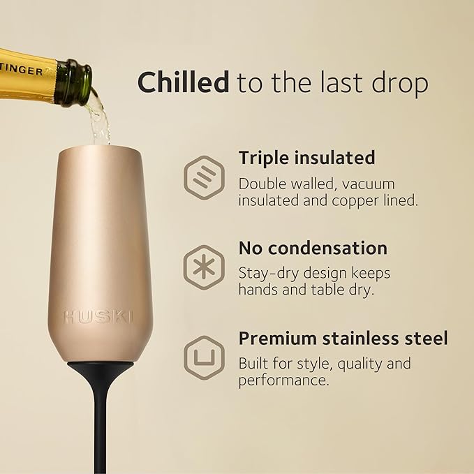 Huski Champagne Flute | NEW | Premium Stainless Steel Champagne Glass with Lid | Go Stemmed or Stemless with Detachable Stem | Triple Insulated Tumbler | 8oz Capacity | Great Gift (Brushed Stainless)