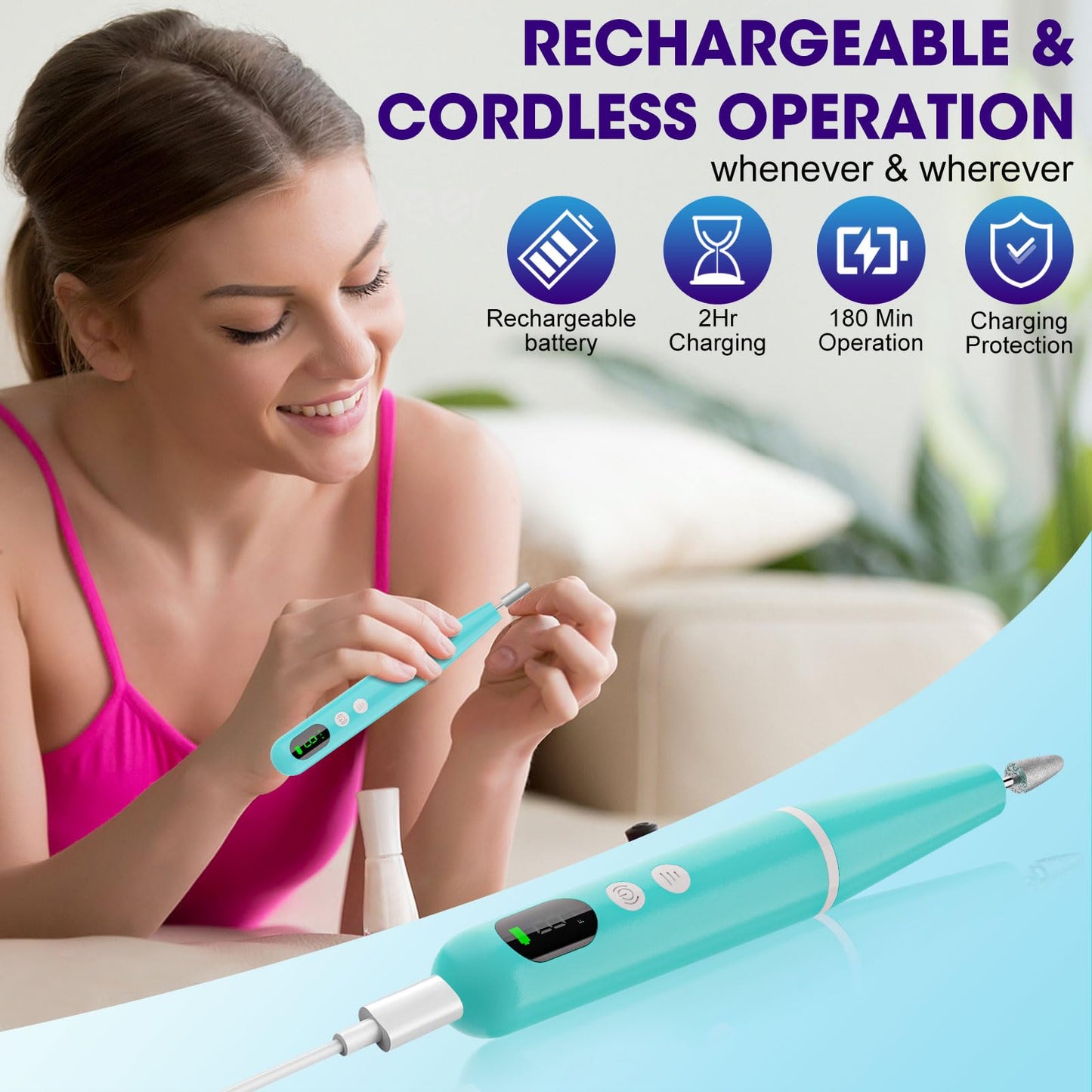 Cordless Nail Drill, Super Lightweight Electric Nail File, Low Noise Electric Nail Drill with 9 Speed & LCD Display, Wireless To