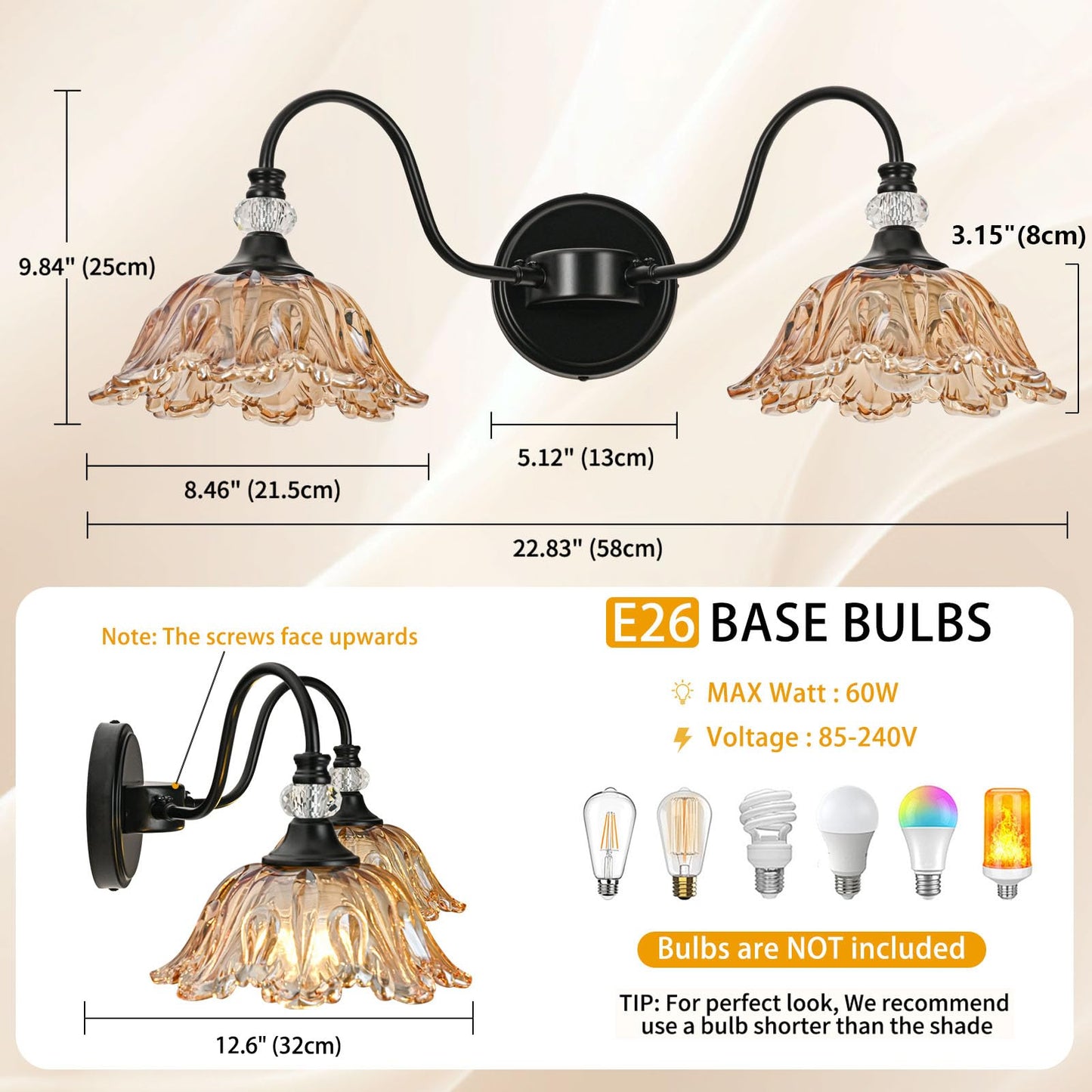 Sunkryster Black Bathroom Vanity Light  2-Light Vanity Light With Floral Amber Glass Shades Vintage Farmhouse Wall Mount Lighting For Bathroom  Dressing Table