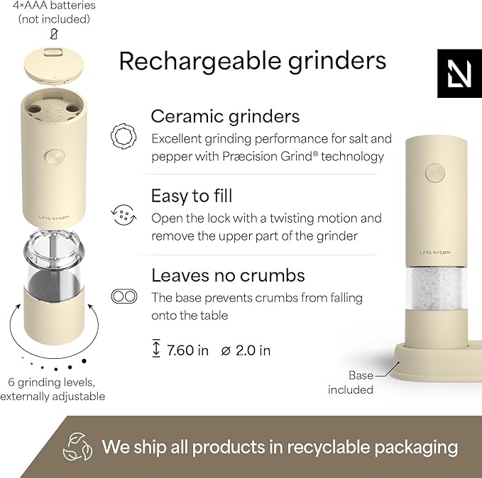 LARS NYSØM Electric Salt and Pepper Grinder Set I Automatic Salt and Pepper Mills with Adjustable Ceramic Grinder I AAA-Battery Operated Electric Spice Mill Set (Almond Beige)