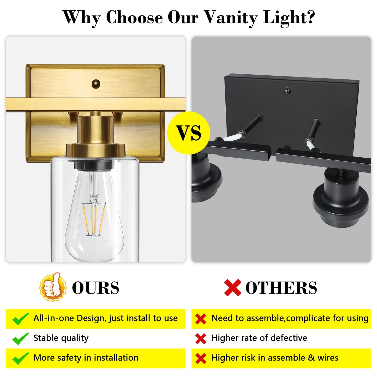 Ascher Bathroom Vanity Light Fixtures  3 Light Wall Sconces Lighting With Clear Glass Shade  Gold Wall Lights For Mirror  Kitchen  Living Room  Gallery  E26 Base (Bulbs Not Included)