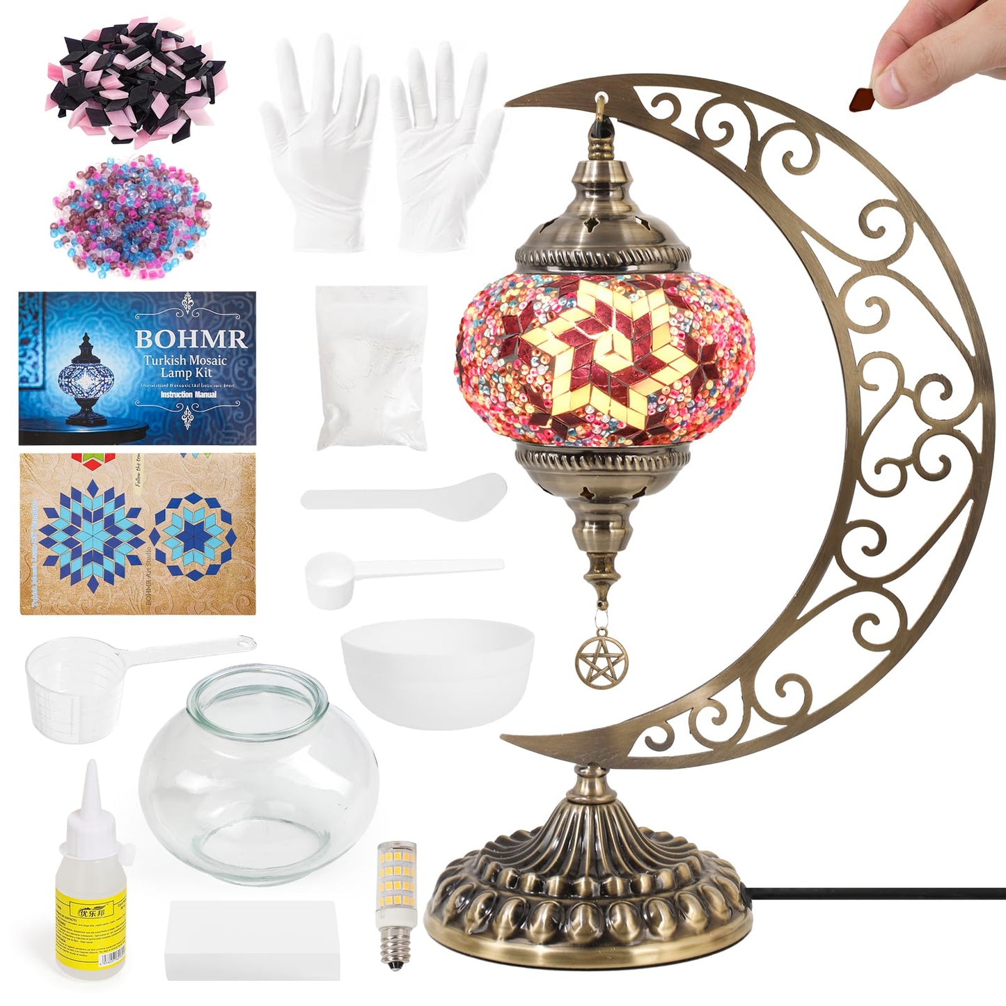 Bohmr Diy Turkish Mosaic Lamp Kit Moon Table Lamp Making Kit Easy No Sreduces Craft For Family Team Decorative Table Desk Light Crfat Kit For Living Room Bedroom Make Your Own Table Lamp Gifts Pink
