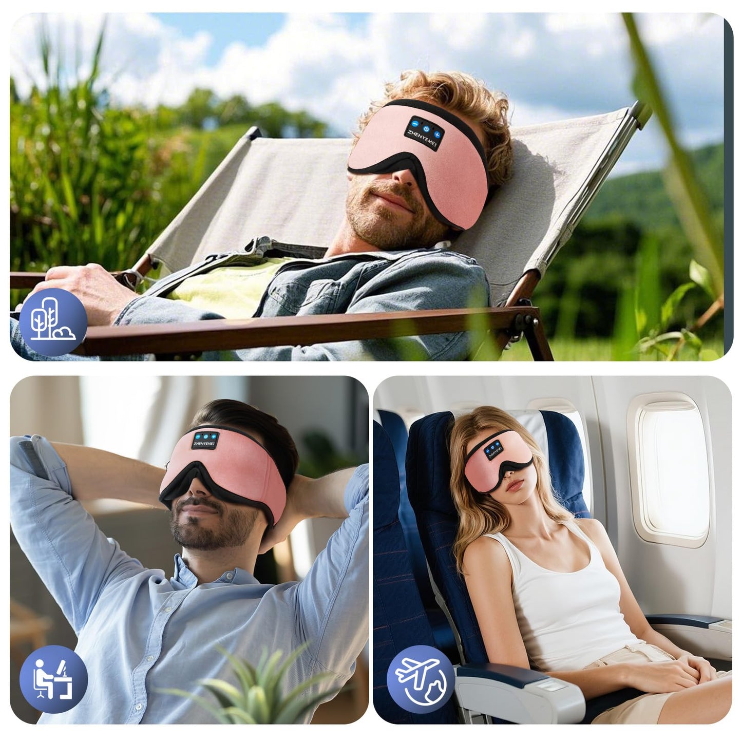 ZHENYEMEI 3D Sleep Mask with Bluetooth Headphones, Sleeping Headphones for Side Sleepers, Wireless Music Eye Mask with Ultra-Thin Stereo Speakers for Men, Women, Tech Gifts, Pink
