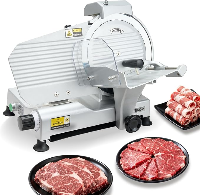 VEVOR Commercial Meat Slicer, 10 inch Electric Deli Slicer Machine, 320W Food-Slicer with SUS420 Blade, 0-0.4 inch Adjustable Thickness, for Frozen Meat, Ham, Baguett, Steak