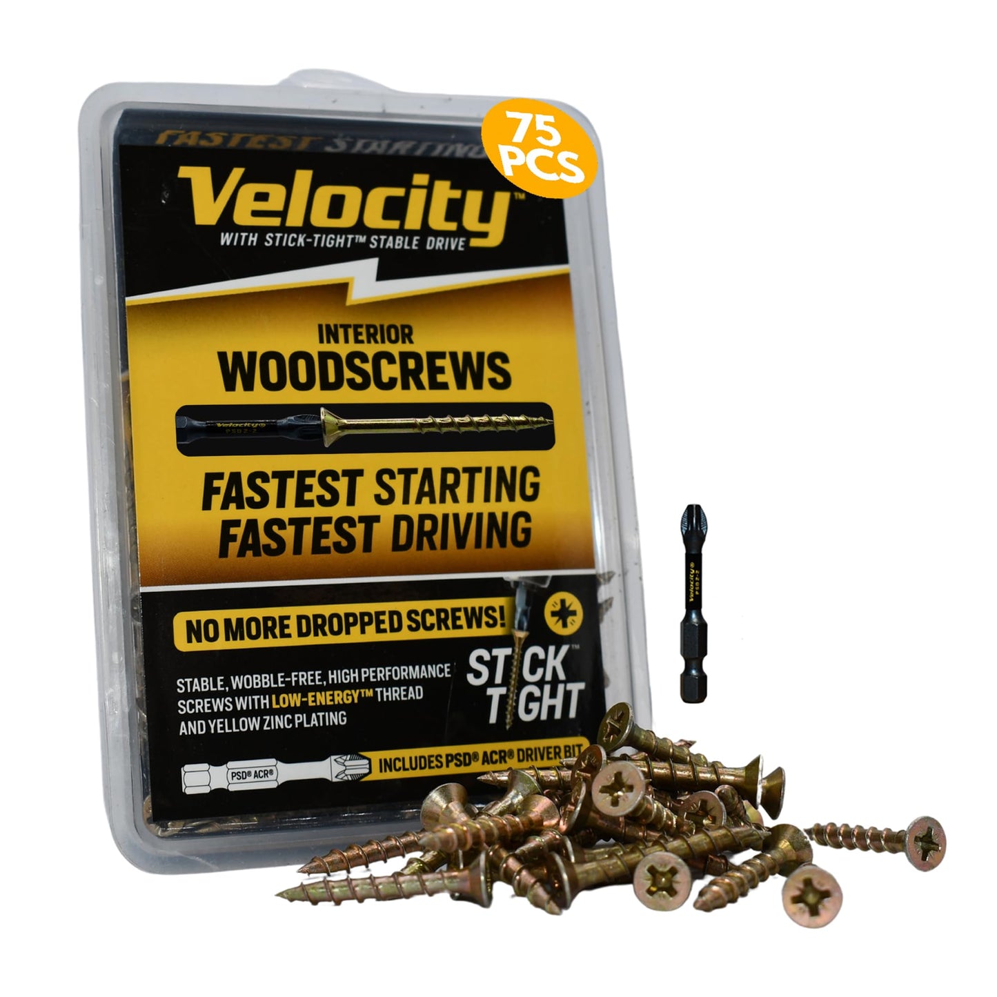 Velocity Interior 2 Inch Wood Screws DIY Pack (Size #8, 75 Pcs) – Zinc and Yellow Coating, Stick-Tight Technology, Screw for Wood Working with PSD ACR Driver Bit