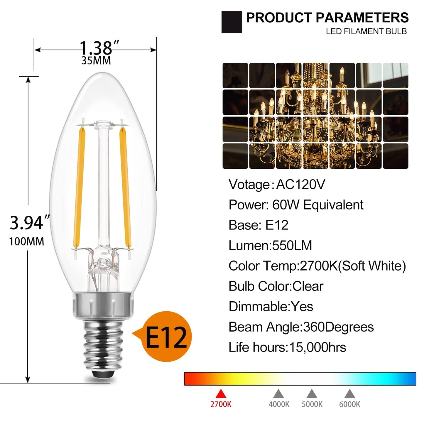 Energetic Smarter Lighting B11 E12 Candelabra Led Bulbs 60 Watt Equivalent  Dimmable Led Chandelier Light Bulbs  Soft White 2700K  550Lm  Decorative Candle Base Filament Bulb For Ceiling Fan  24Pack