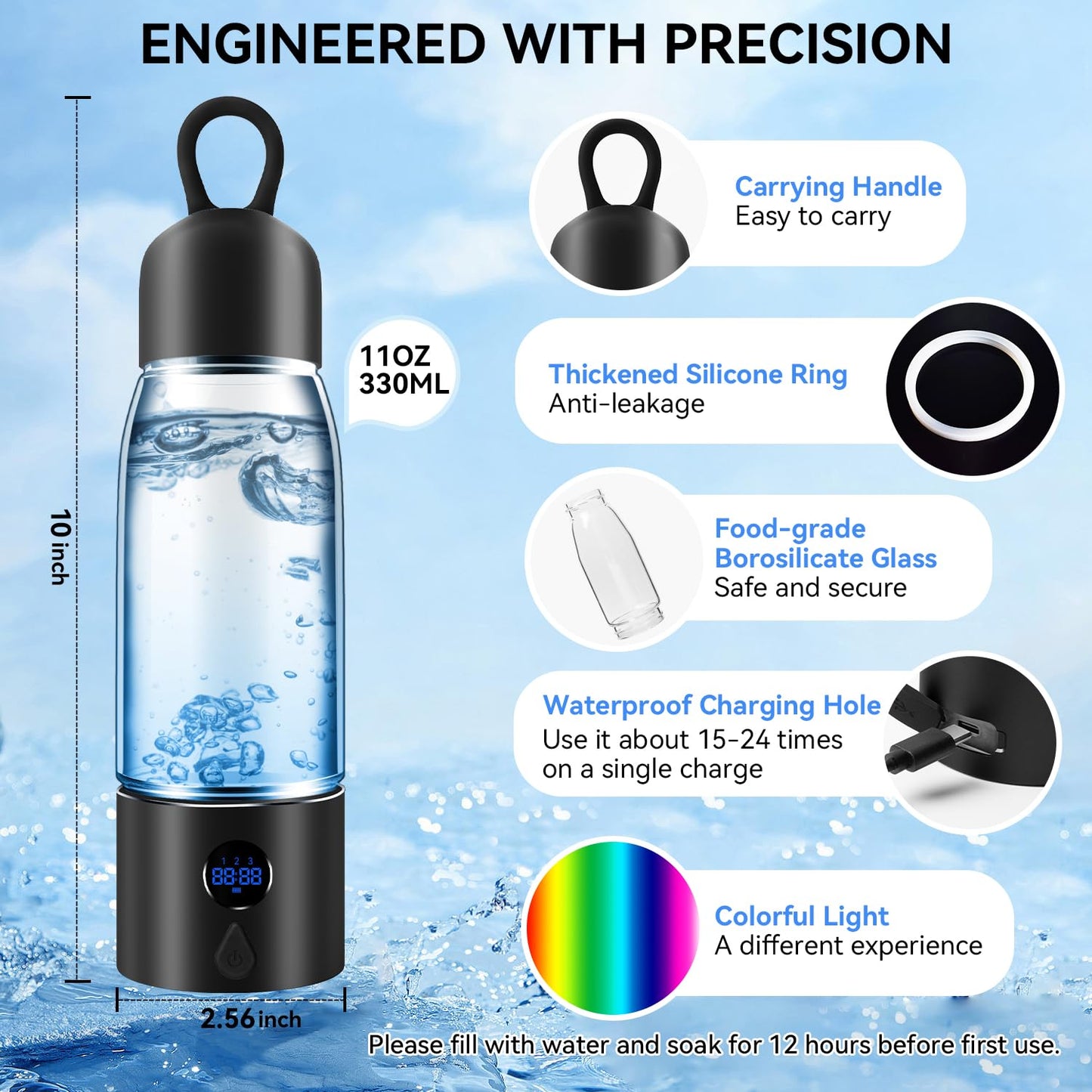 Hydrogen Water Bottle,Portable Hydrogen Water Bottle Generator with Three Modes Produces 5000 PPB of Hydrogen Water in 8 Minutes,Aluminium and Glass,with Light,Rechargeable for Travel,Office