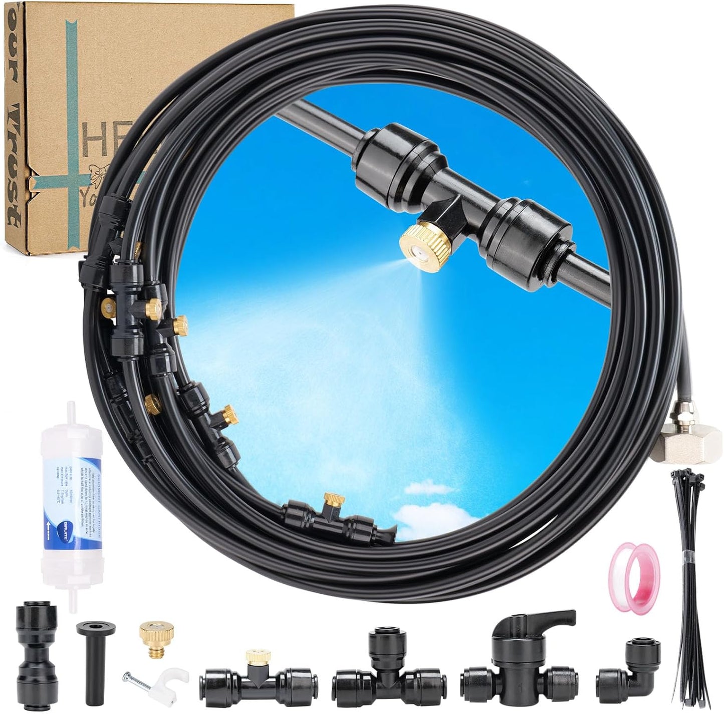 Misters for Outside Patio, 59ft Misting Line + Filter + 23 Brass Misting Nozzles +Brass Adapter(3/4") Misting System for Garden, Greenhouse, Trampoline and Chicken Coop