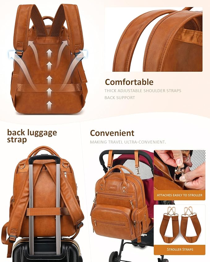 Premium Vegan Leather Diaper Bag Backpack with Waterproof Changing Pad, Reinforced Zippers & Odor-Free, 20 Pockets Pro Organizer, Fits 15.6" Laptop, Stroller Straps, Baby Bag for Mom, Brown