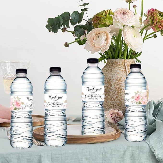 100PCS Wedding Water Bottle Labels Waterproof Greenery Floral Wraps Sticker for Water Bottle Baby Shower Bottle Label for Bridal Shower Party Thanks (Pink)