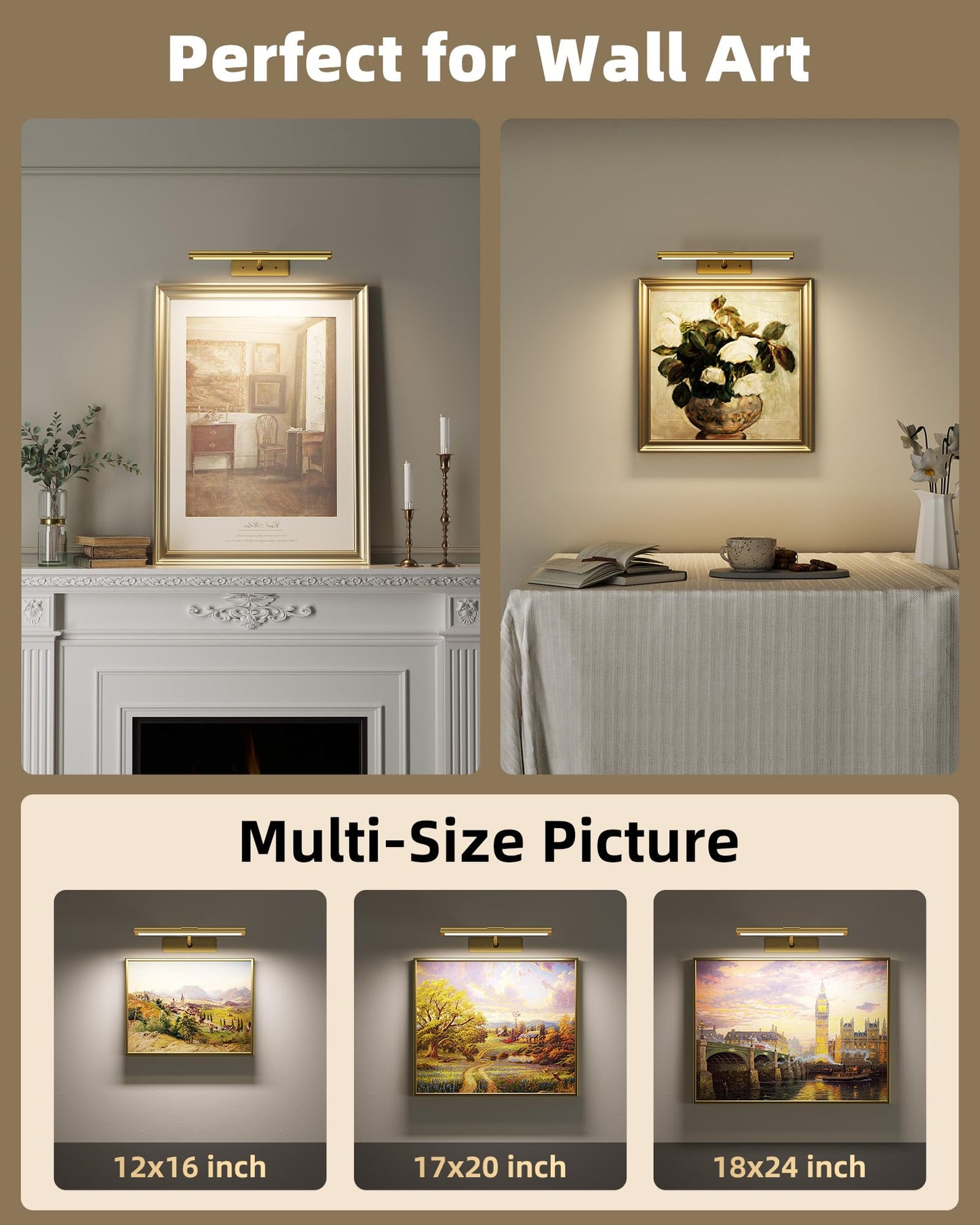 EZVALO Picture Light for Wall, 4800mAh Rechargeable Wireless Remote, Dimmable Magnetic LED Art Display Light with 3 Color Temperatures, for Gallery, Living Room, Bedroom, Hallway (Gold-2Pack)