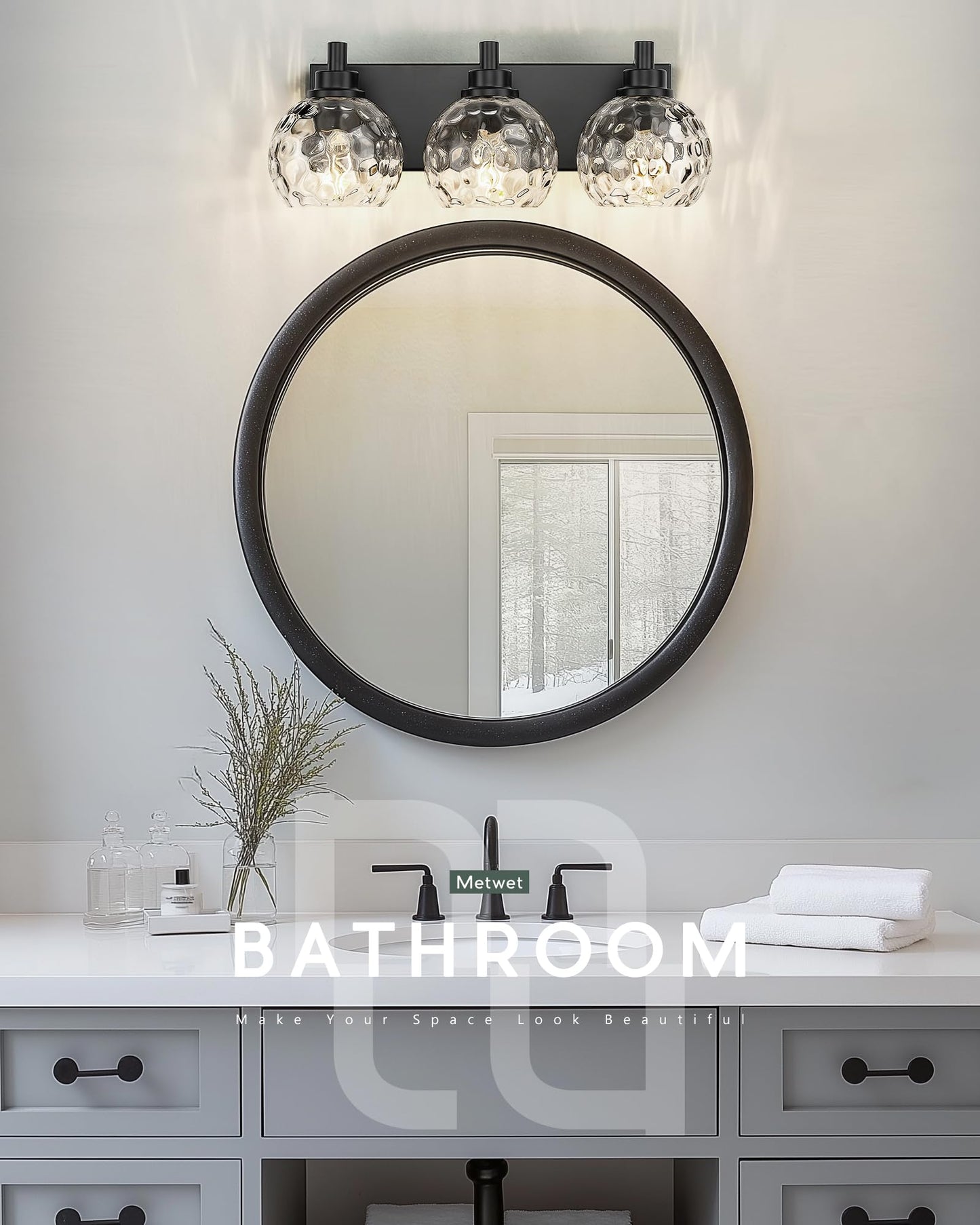 Metwet Bathroom Light Fixtures Over Mirror  3-Light Matte Black Vanity Light With Clear Hammered Glass Globe Shade  Modern Sconces Wall Lighting For Bedroom Hallway  Vl200-Mb-3