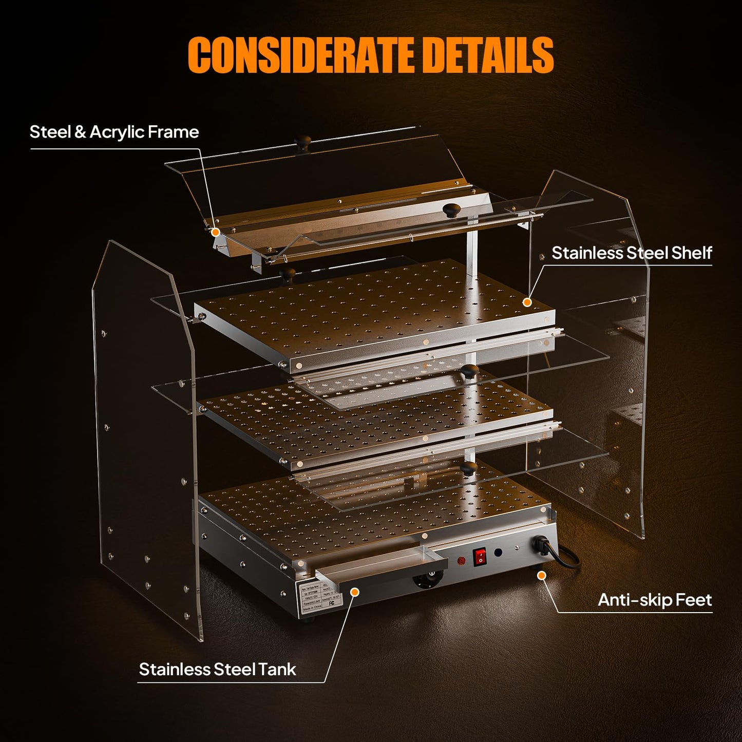 ROVSUN 3-Tier Food Warmer Pizza Warmer Countertop, Food Warmer Display Pretzel Warmer with LED Lighting Front and Rear Doors, Electric Catering Hot Box Acrylic for Buffet Restaurant Cafe