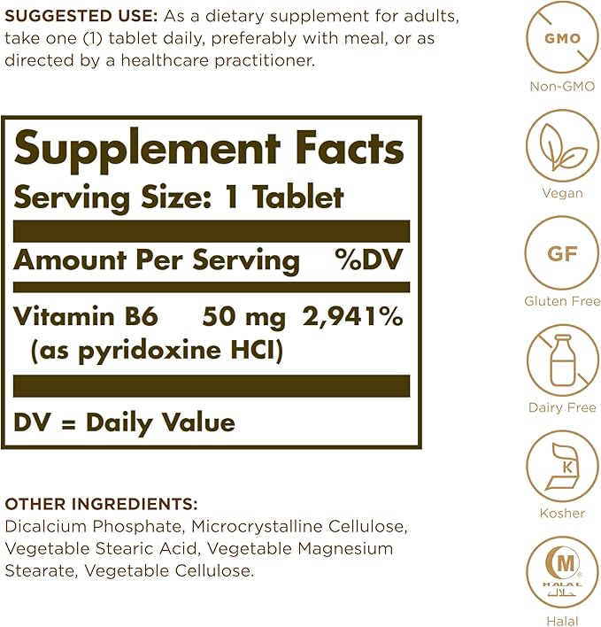 SOLGAR Vitamin B6 50 mg - 100 Tablets - Non-GMO, Vegan, Gluten Free, Dairy Free, Kosher, Halal - 100 Servings