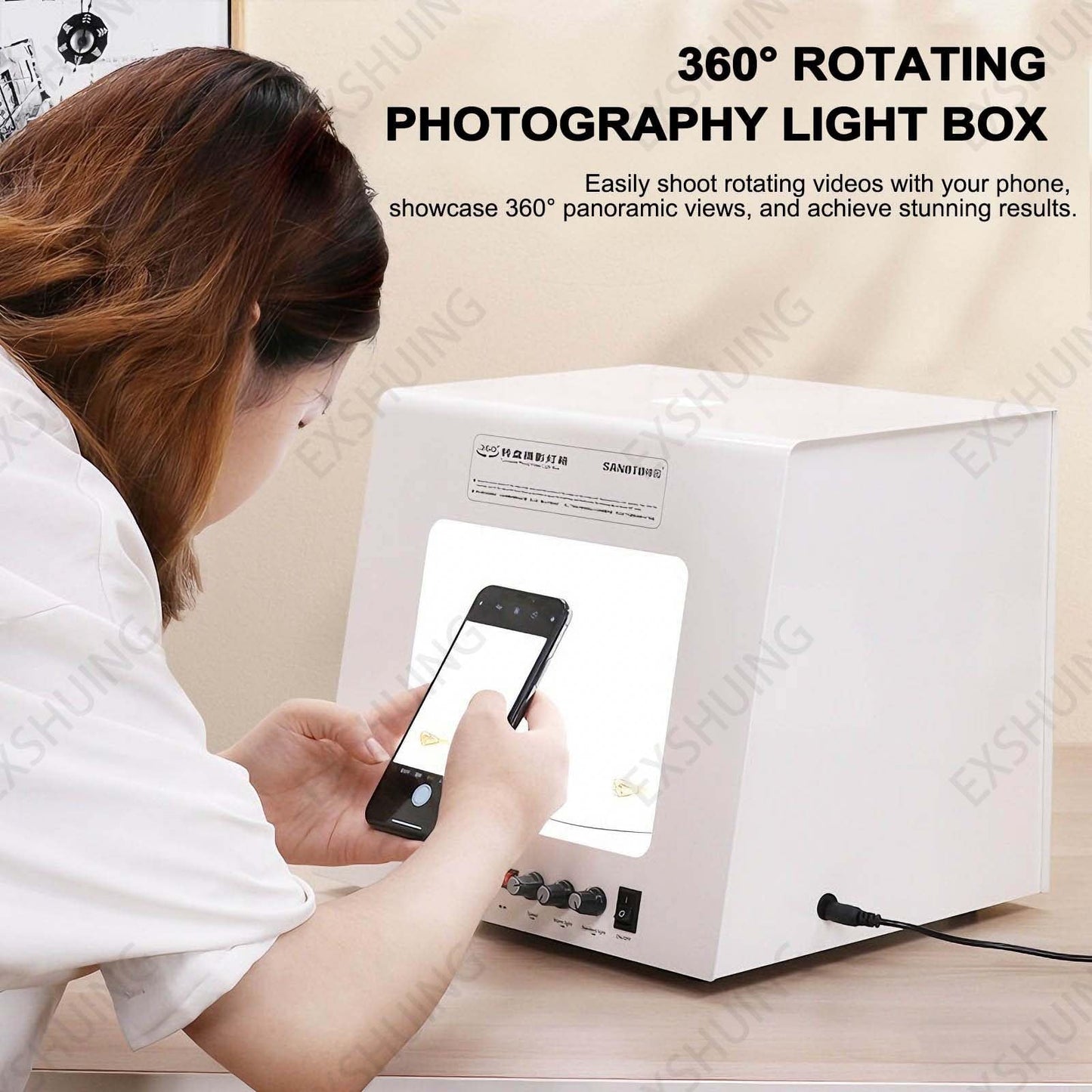 EXSHUING Jewelry Hanging Photography Kit, Product Photography Box – 360° Rotating & Hanging Support, 4 Led Fill Lights, Dimmable Brightness, 3000-5500k, 1kg/2.2lbs Turntable, Rings, Necklaces(TB30)