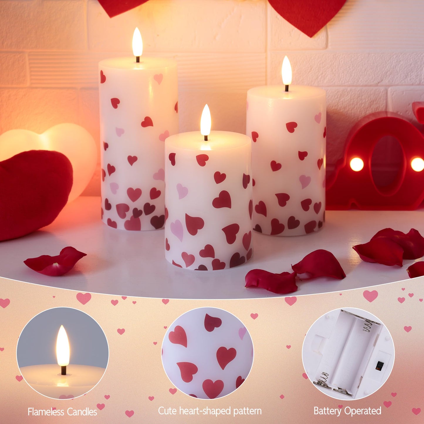 JOIONE Valentines Day Flameless Pillar Candles with Remote Set of 3, Battery Operated Real Wax LED Heart Stickers Candle, Perfect for Romantic Date Night, Wedding and Home Décor, Heart Stickers