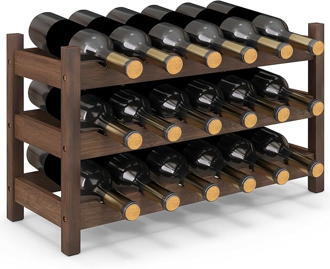 Giantex Bamboo 3-Tier 18-Bottle Wine Storage Cabinet Shelf, Countertop Wine Rack for Kitchen, Bar, Pantry & Wine Cellar, Coffee