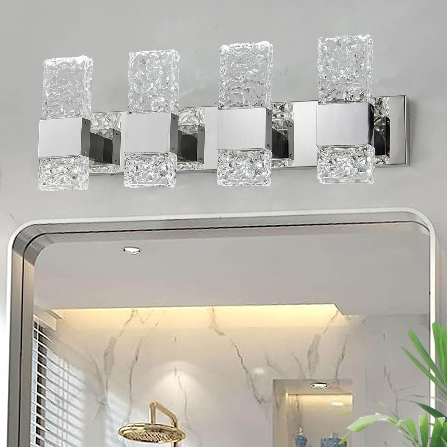 OYLYW LED Bathroom Vanity Light Fixture, Chrome Stainless Steel, 4 Lights, Model JQ1428-4TS, 28 Inch, Cool White 5800K