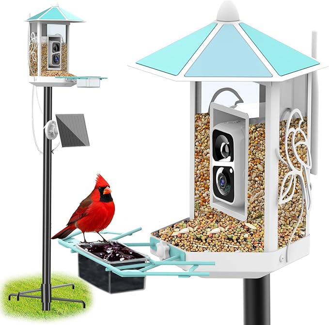 Onlyfly Metal Bird Feeder with Camera and 74.5 Inch Pole - Smart Camera Bird Feeder Solar Powered with 2k Live Stream for ...