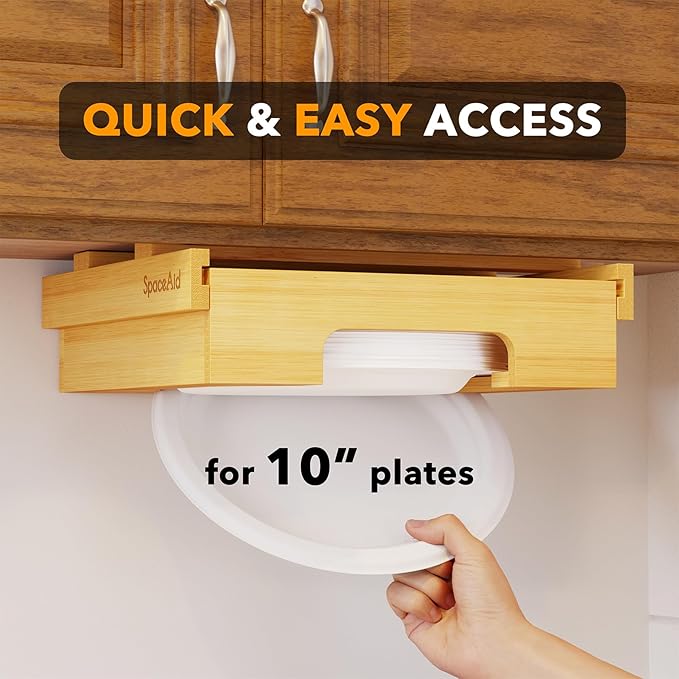 SpaceAid 10-inch Paper Plate Dispenser (Need 11.3 Inches Deep Cabinet Space) Under Cabinet Bamboo Plates Holder, Kitchen Vertical Dipensers Caddy, Bamboo