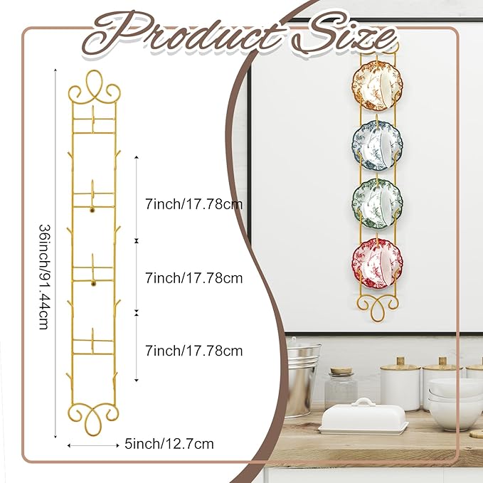 Blulu 2 Pcs 36'' x 5'' Tea Cup and Saucer Display Stand 4 Tiers Vertical Wall Mounted Cups Plate Holder Wall Plate Hangers Decorative Brackets for China Coffee Mug Gifts Thanksgiving Christmas (Gold)