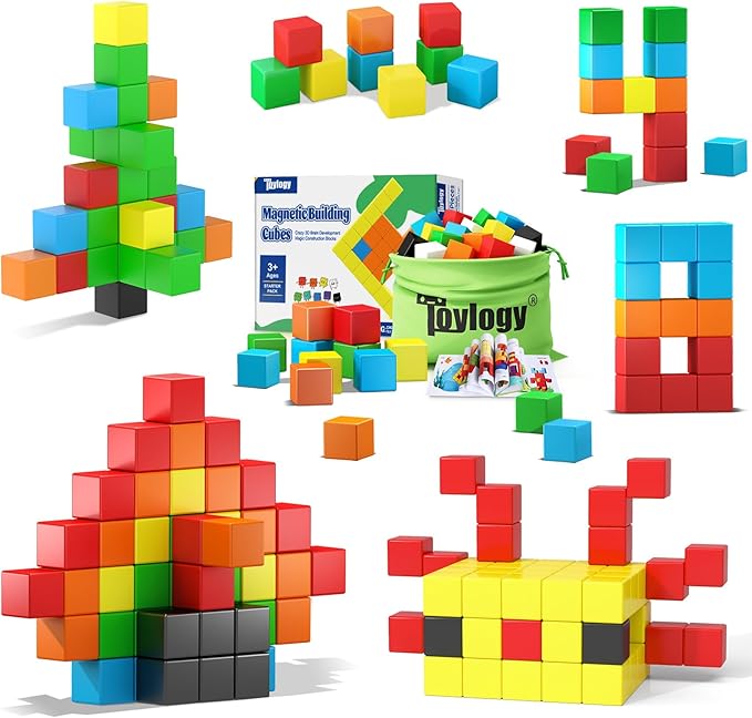 48PCS Magnetic Blocks for Toddlers Toys, Large Magnetic Cube Toy for Sensory STEM Education Preschool Magnet Toys for 3 4 5 6 Year Old Boys and Girls, Compatile with Mine Magnet World