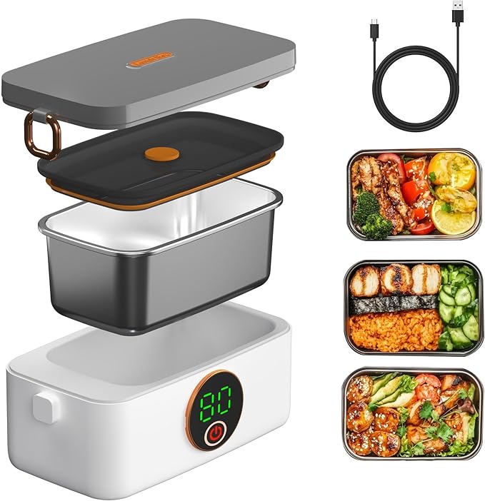 Portable Wireless Electric Heated Lunch Box for Adults,Heating Food Warmer Lunch Box,Rechargeable 16000mAh Battery,1000ml Capacity Inner Container,Lunchbox for Travel,Outdoor,Picnic,Office