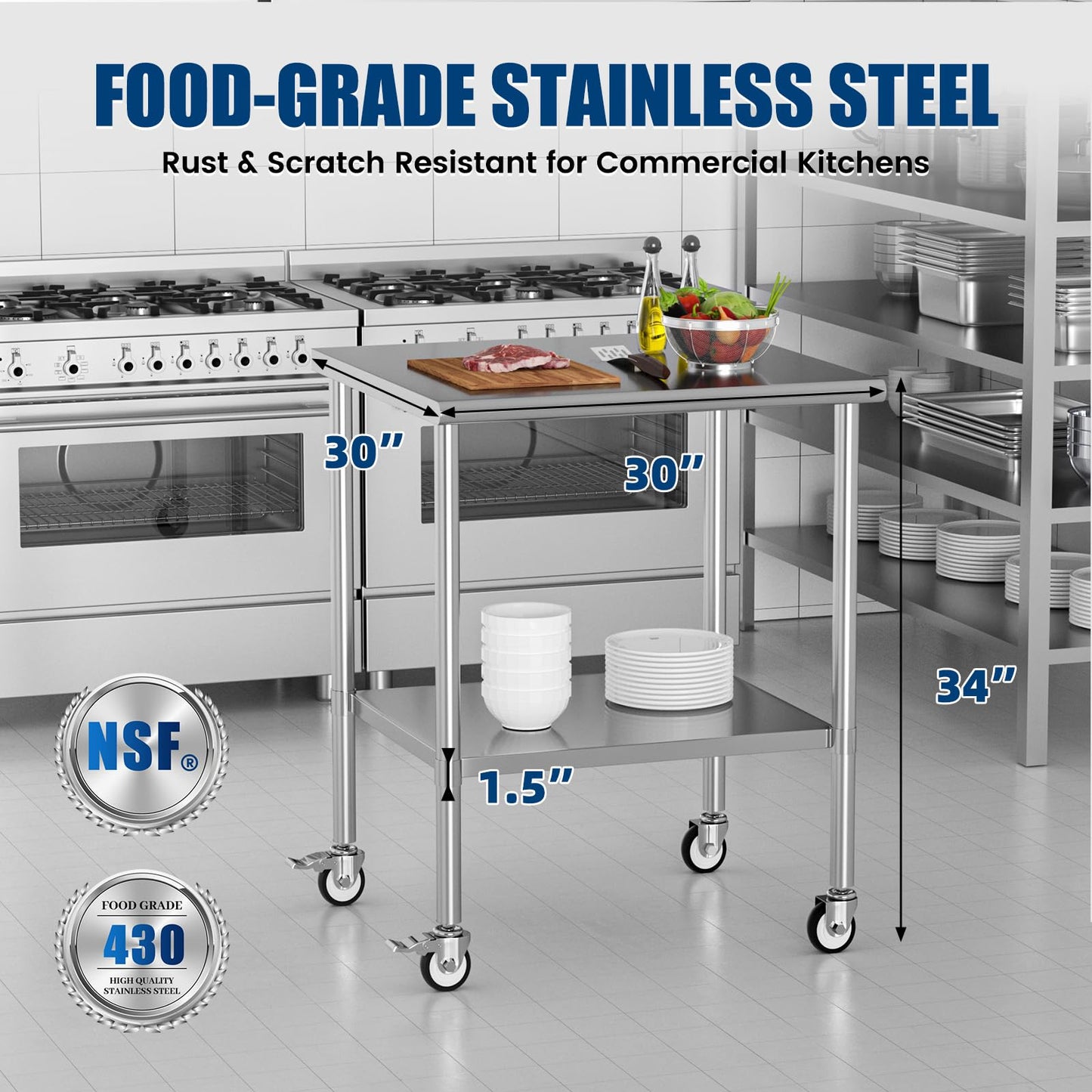 Chingoo Stainless Steel Work Table with Wheels, 30x30 Inch NSF Kitchen Prep Table with Adjustable Undershelf for Commercial Restaurant, Garage, Outdoor BBQ