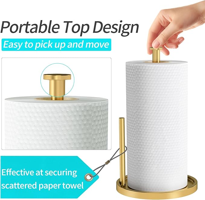 Paper Towel Holder Countertop, Standing Paper Roll Holder with Anti Slip Weighted Base, Stainless Steel Freestanding Paper Towel Holder for Kitchen, Gold