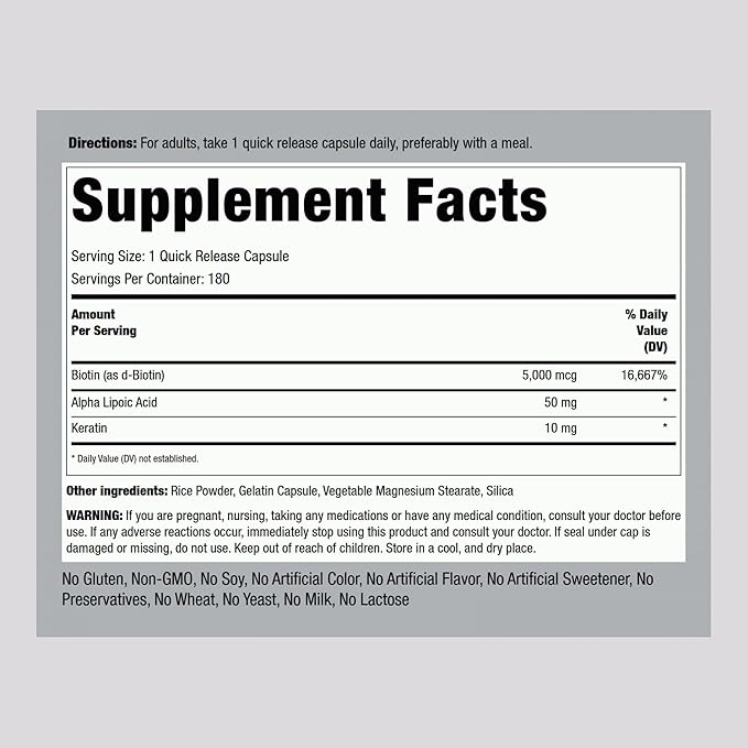Piping Rock Biotin 5000mcg | 180 Capsules | Plus Keratin and Alpha Lipoic Acid | Non-GMO, Gluten Free Supplement