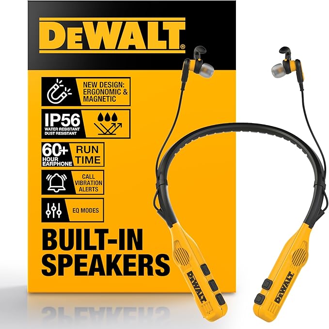 DEWALT Heavy Duty 2-in-1 Neckband Bluetooth Headphones w/Built-in Speakers, Jobsite Wearable Speaker & Around Neck Headpho...