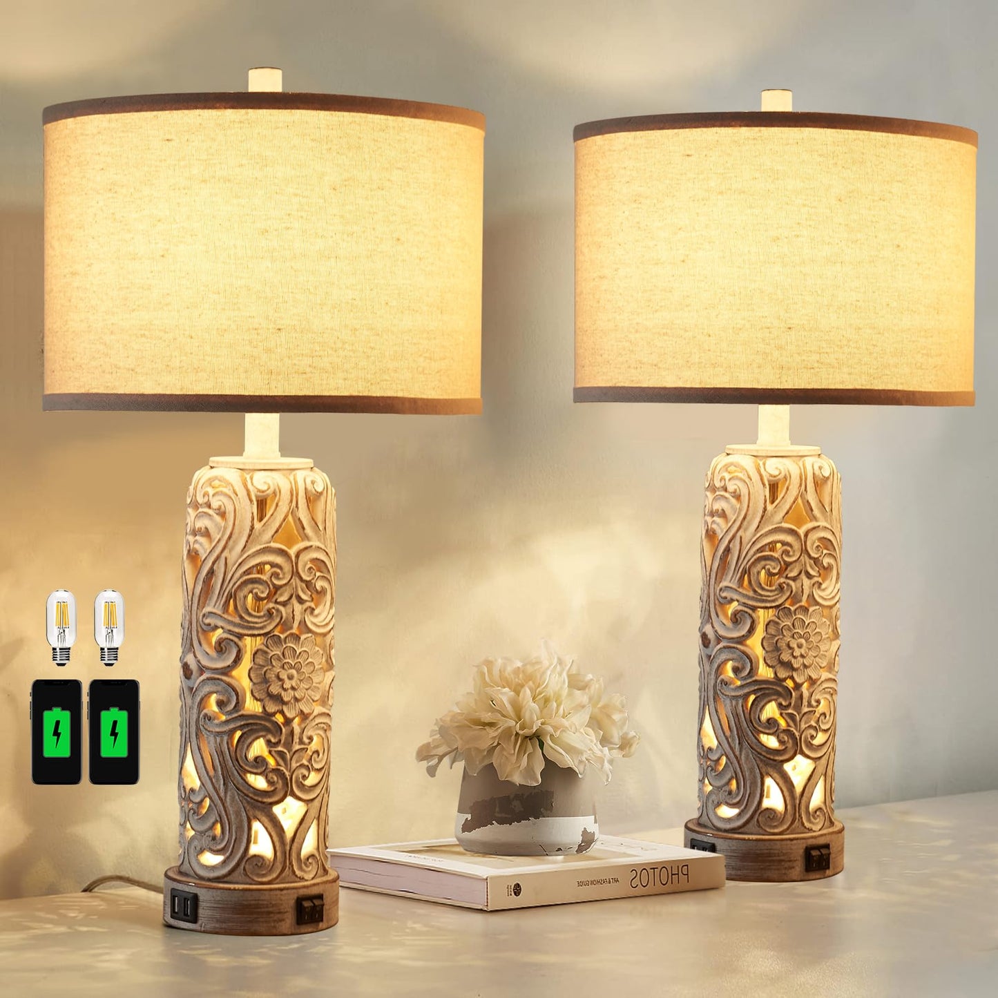 RORIANO Set of 2 Rustic Farmhouse Table Lamps, Vintage Resin Nightstand Lamps with Dual USB Port, Antique White, Model LM-08889