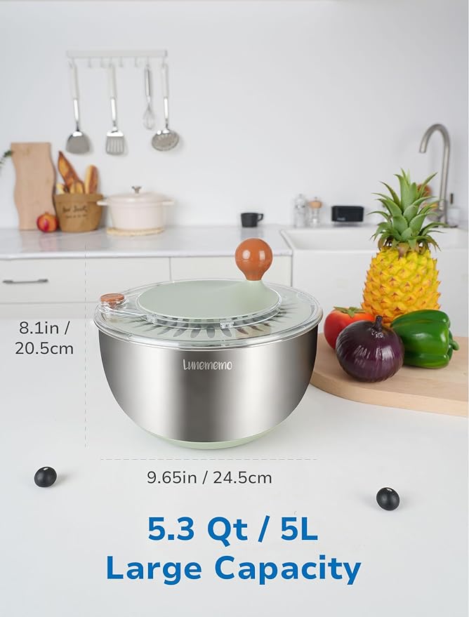 Stainless Steel Salad Spinner, Lettuce Spinner with Drain, Non-Slip Base, Stop Button, Vegetable Dryer, BPA Free, 5.3 Qt