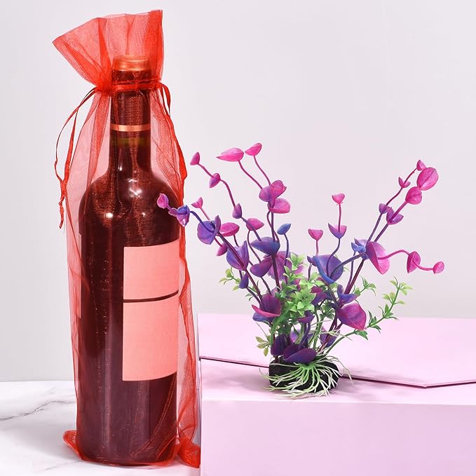 uxcell Organza Wine Bags, 12PCS 14.5 x 5.5 In Gold Sheer Mesh Organza Wine Wrapping Bags With Drawstring Wine Gift Pouches for Bottle Birthday, Wedding Party