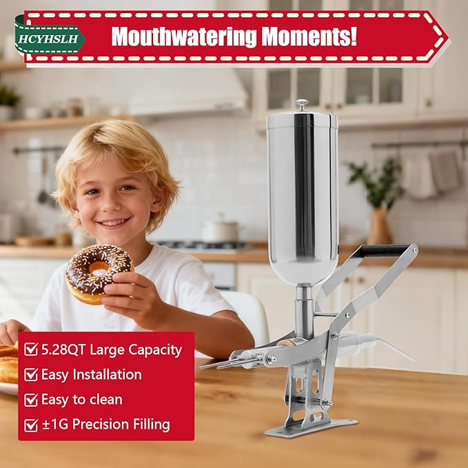 5L Donut Machine, Churro Jam Filling Machine, 304 Stainless Steel 5.28qt 248°F Brushing Mirror Treatment Surface Latin Fruit Manual Donut Filler W/4 Anti-Drip Filling Nozzles For Bakeries