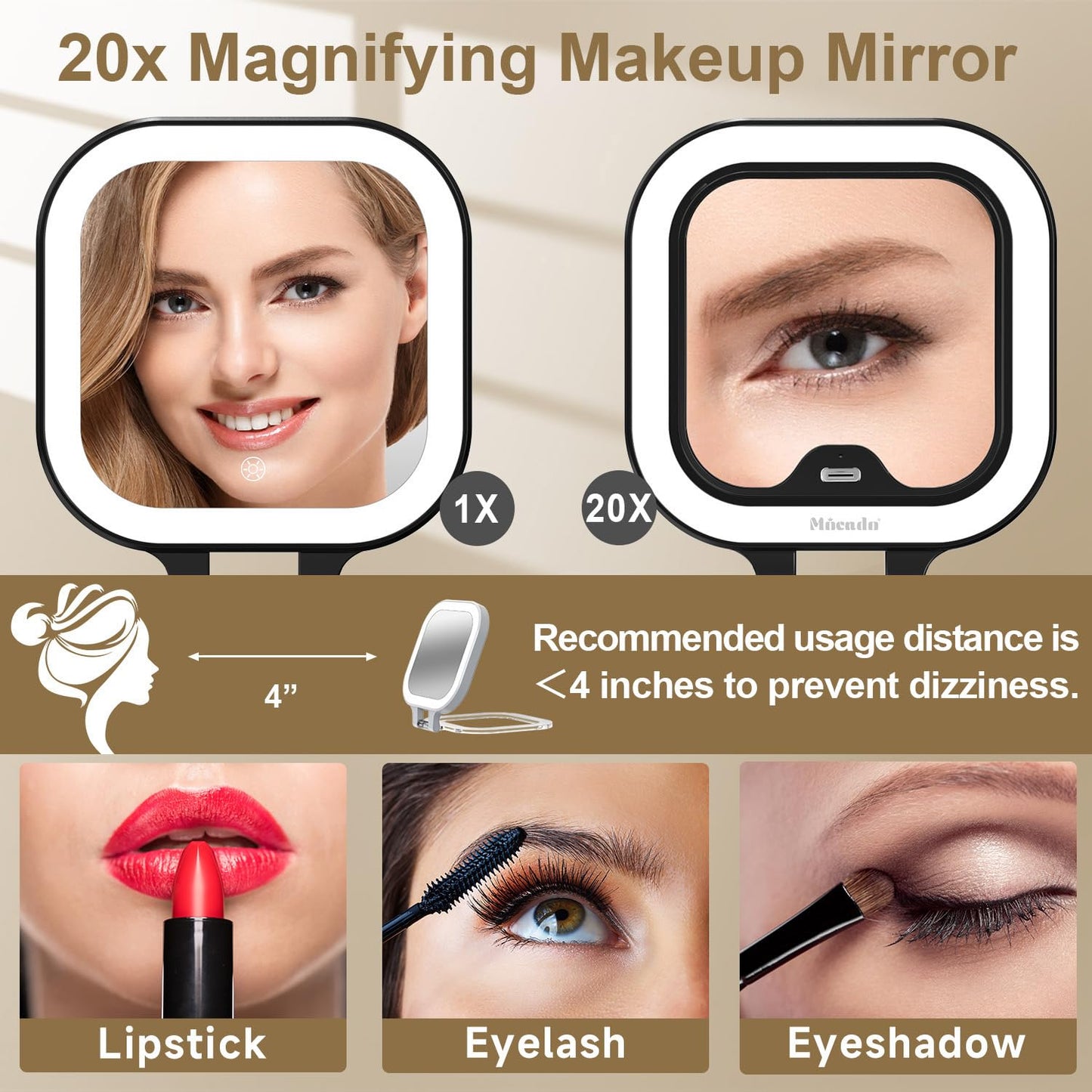 Mocado Compact Travel Makeup Mirror, 1X/20X Magnifying Mirror with Light, Double Sides Compact Mirror with 3 Color Light, Dimmab