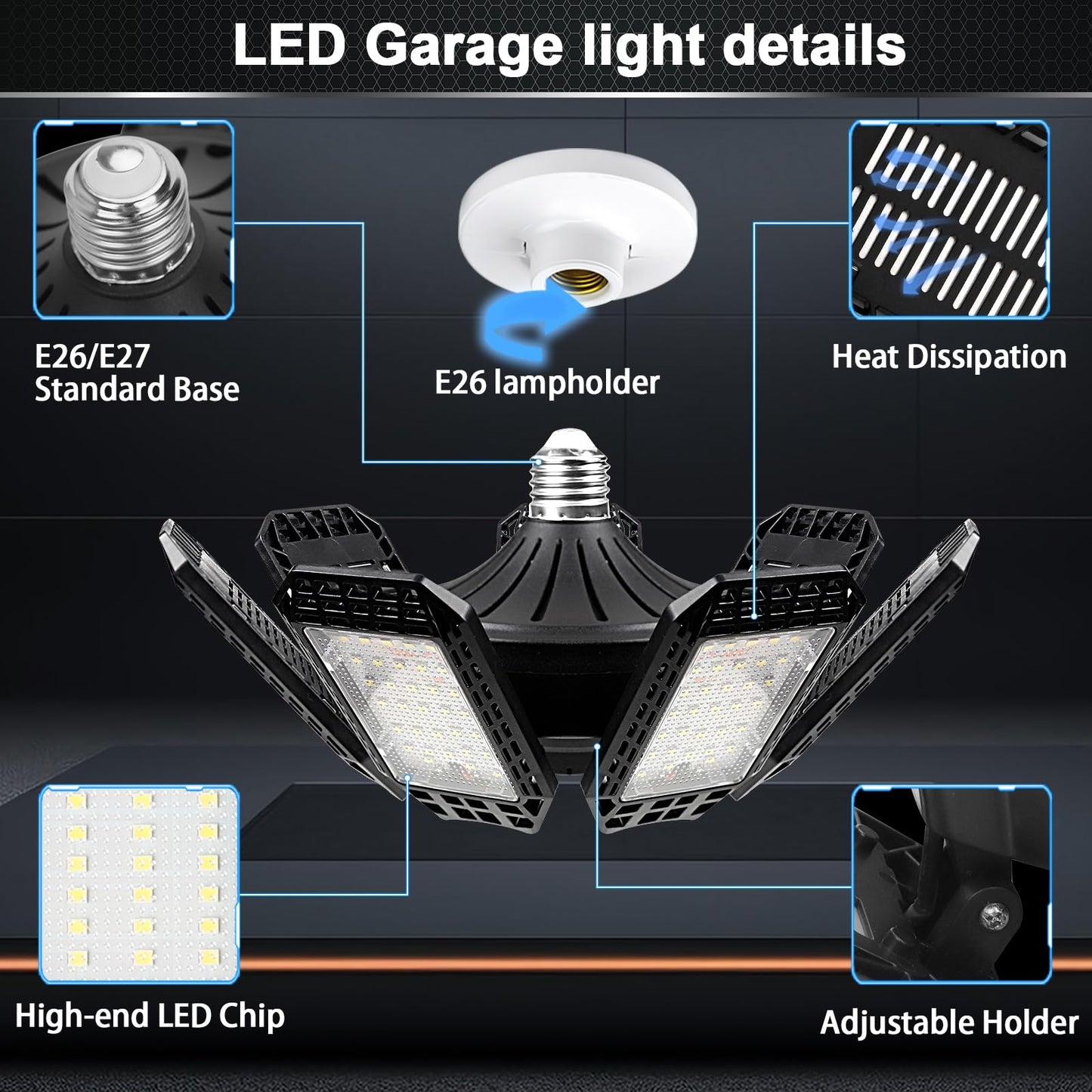 AUDLES 6 Pack LED Garage Light, 240W, 24000LM, 6500K, Deformable Panels, E26/E27 Socket, Cool White