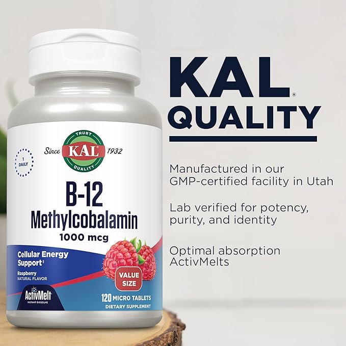 KAL Vitamin B12 Methylcobalamin 1000mcg, Healthy Energy, Metabolism, Nerve and Red Blood Cell Support, Fast Dissolve ActivMelt, High Absorption, Vegetarian, Natural Raspberry, 120 Serv, 120 Micro Tabs