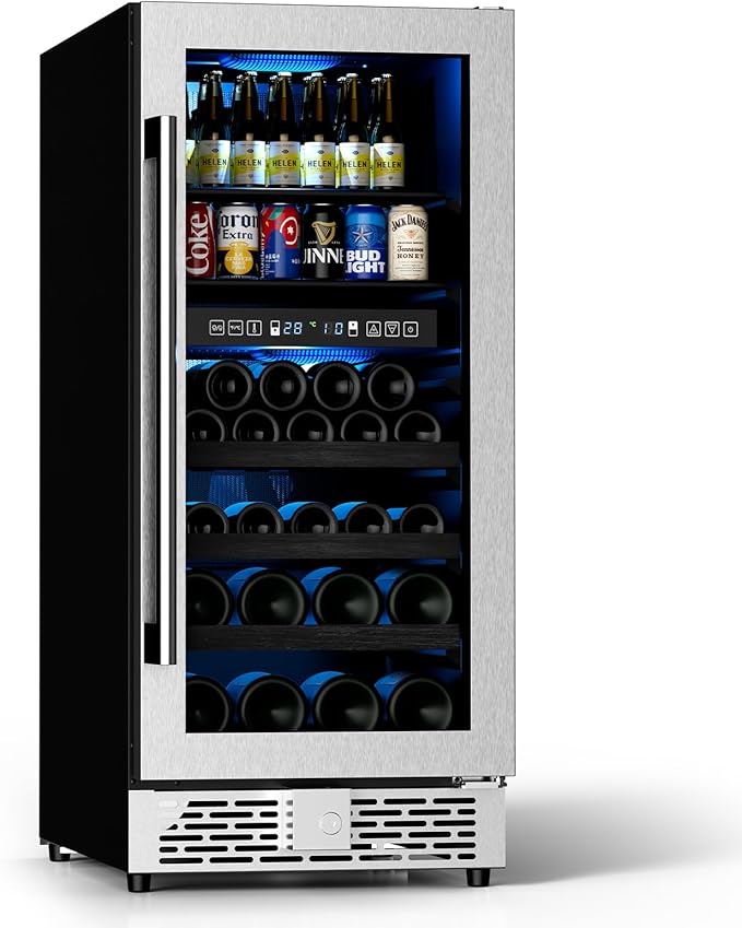 15 Inch Wine Fridge,37-65°F Digital Touchscreen Dual Zone Wine Refrigerator for Built-In or Freestanding, Wine Cooler with Removable Shelves