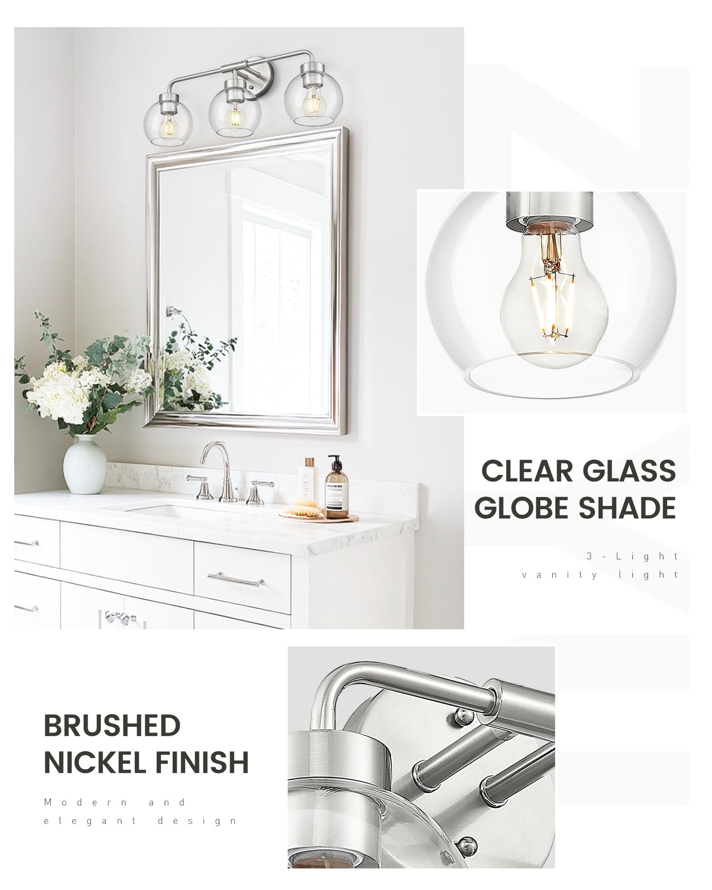Zeyu 23 Inch Bathroom Wall Light Fixtures  3-Light Vanity Lighting Fixture  Brushed Nickel Finish With Clear Glass Globe Shade  Zs62Bg-3W Bn