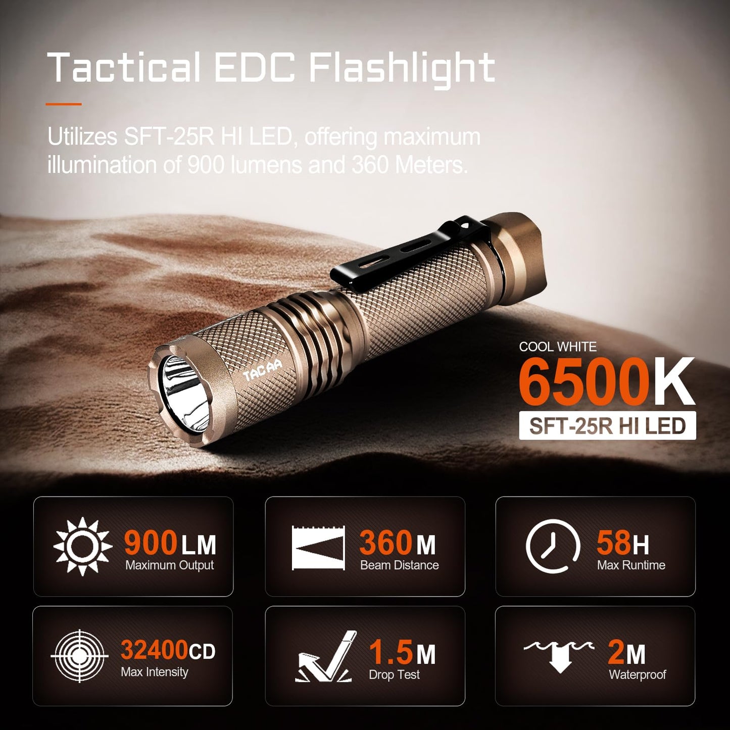 ACEBEAM TAC AA 2.0 Flashlight, 900 Lumens, 360 Meters Range, Rechargeable, Aluminum, Desert Color