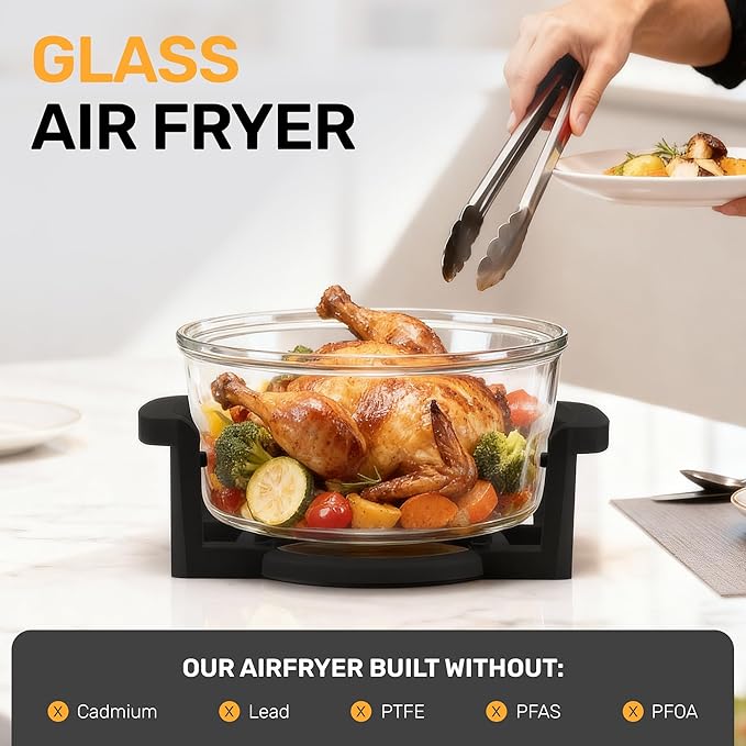 Big Boss 16Qt Extra Large Glass Air Fryer Non Toxic – Family Sized 4 in 1 Cooker with 3 Cooking Sections, Stainless Steel Racks for French Fries, Chicken, No Preheat, Self Cleaning, Dishwasher Safe