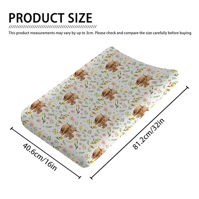 Highland Cows Retro Flowers Leaves Changing Pad Cover Farm Yak Floral Diaper Change Table Covers for Girls Boys Soft Stretch Fitted Changing Table Mats Sheets 32''x16''