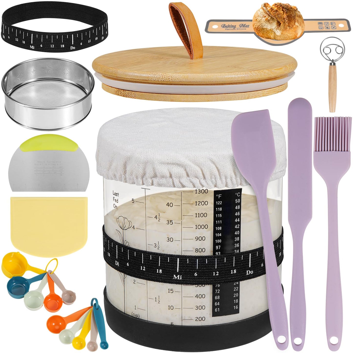 Large Sourdough Starter Jar, Wide Mouth Bread Starter Kit with Ounce&ML Scale Line,Marked Feeding Band, Thermometer, Scraper, Me
